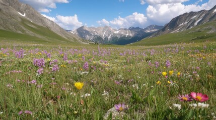 Fototapeta premium Mountain wildflowers bloom in alpine meadow.