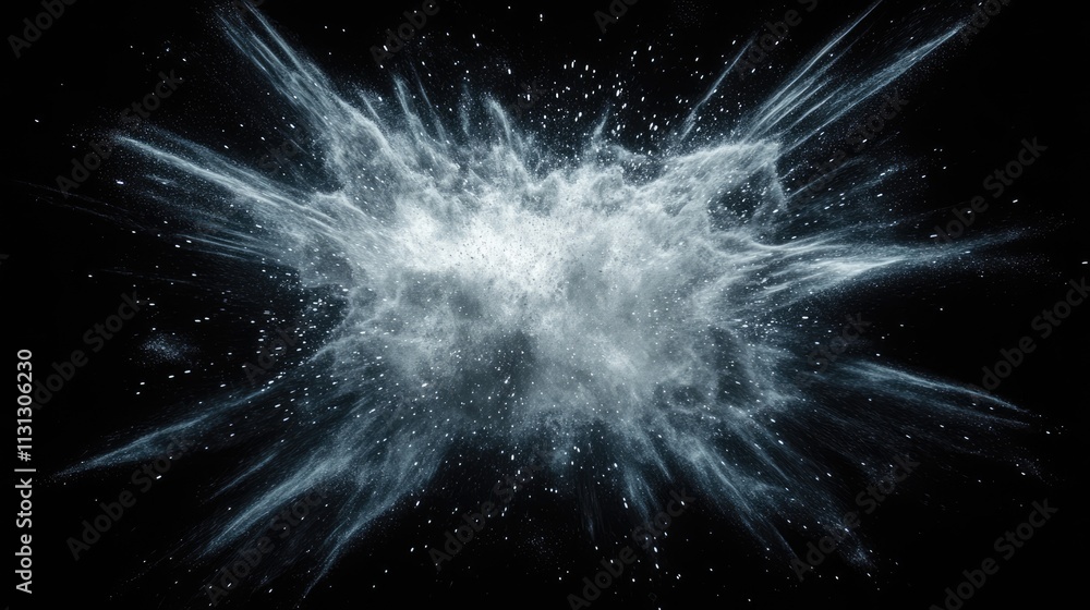 Poster white dust explosion in freeze motion creating dynamic patterns against a black background for use i