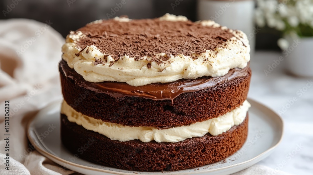 Poster layered chocolate coffee and vanilla sponge cake with creamy frosting and cocoa topping on a decorat