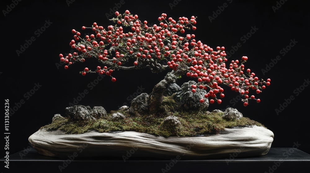 Poster Bonsai tree with vibrant red berries displayed on a textured base against a dark backdrop