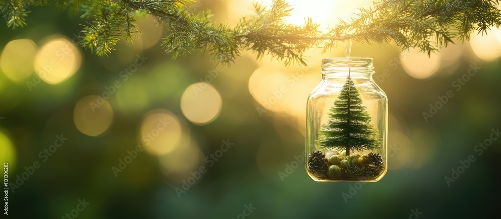 Poster festive small christmas tree in a glass jar suspended from pine branches with bokeh background creat