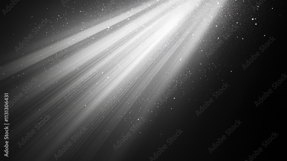Poster Monochrome image of sun rays illuminating the sky with a soft focus on particles creating a serene and ethereal atmosphere