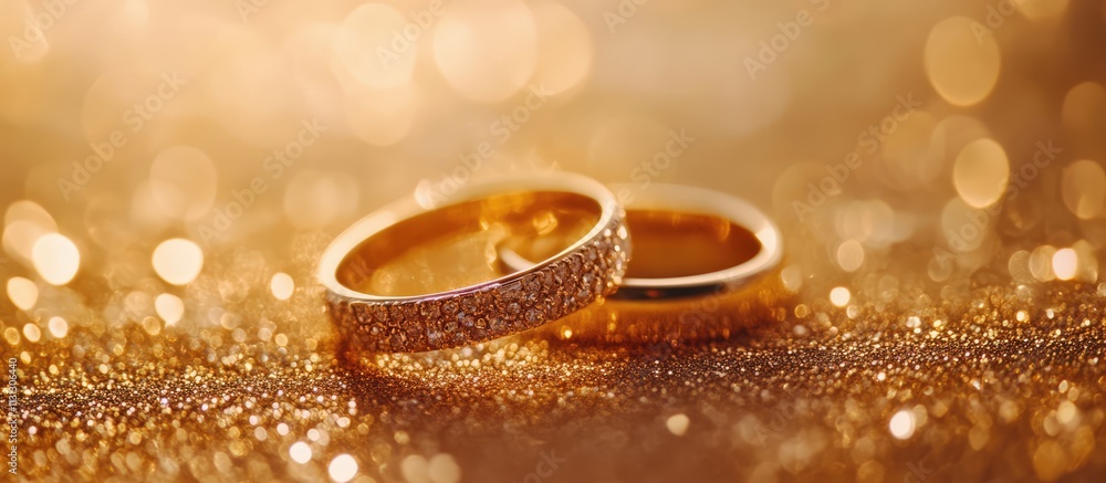Poster elegant macro close-up of gold glitter with luxurious wedding rings on a sparkling background, showc