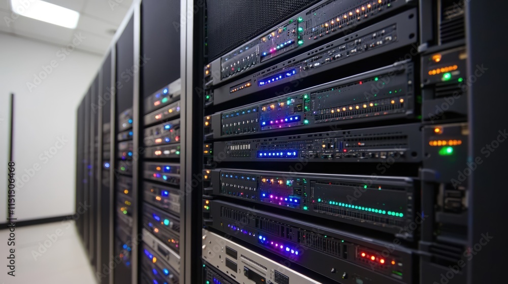 Poster high-tech server room with illuminated data storage units showcasing advanced technology and digital