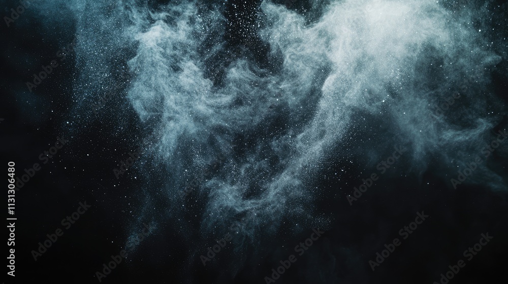 Poster color powder dispersion creating a dynamic abstract cloud effect on a dark background showcasing vib