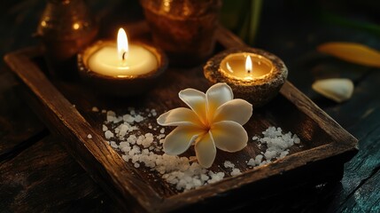 Fototapeta premium Frangipani flower with candles and salt on a rustic wooden tray creating a serene spa ambiance and relaxation setting