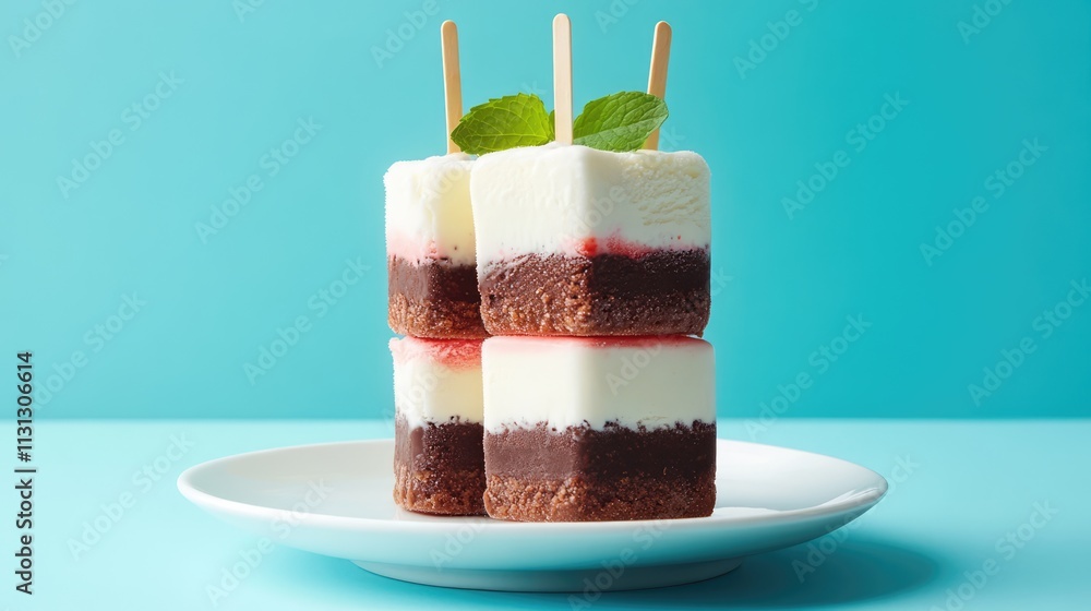 Poster layered ice cream pops stacked on a white plate with a bright blue background showcasing a refreshin