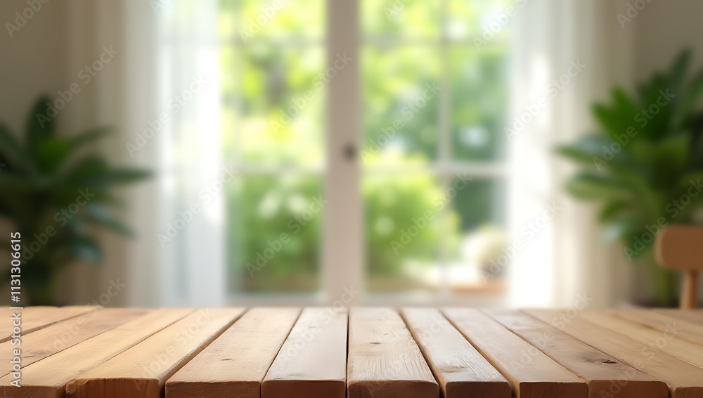 Poster a wood table top is in focus while a blurred curtain and greenery from the garden are visible in the