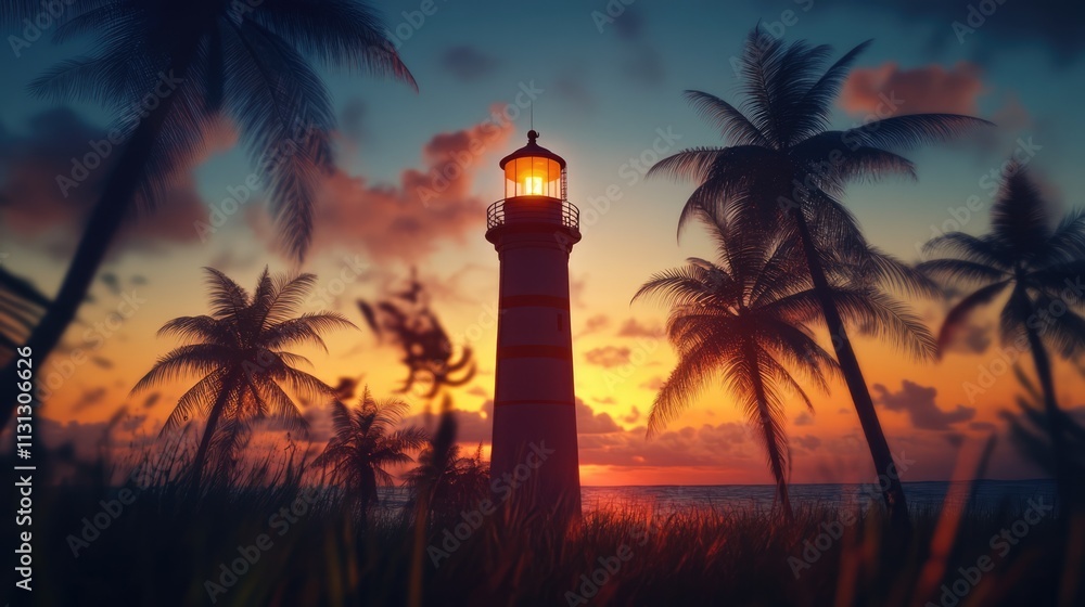 Aufkleber lighthouse illuminated at sunset surrounded by palm trees creating a serene coastal atmosphere in th