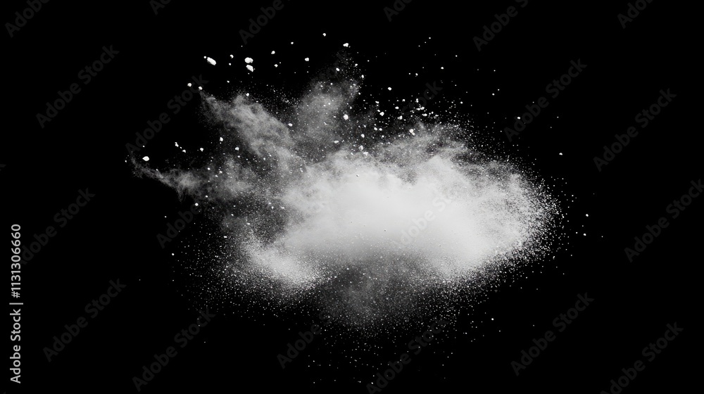 Poster white powder explosion in freeze motion creating dynamic cloud effect against a black background for