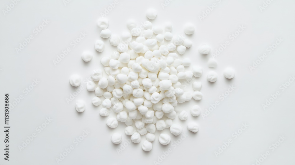 Aufkleber Top view of scattered white marshmallows on a white background showcasing texture and shape for culinary or seasonal themes