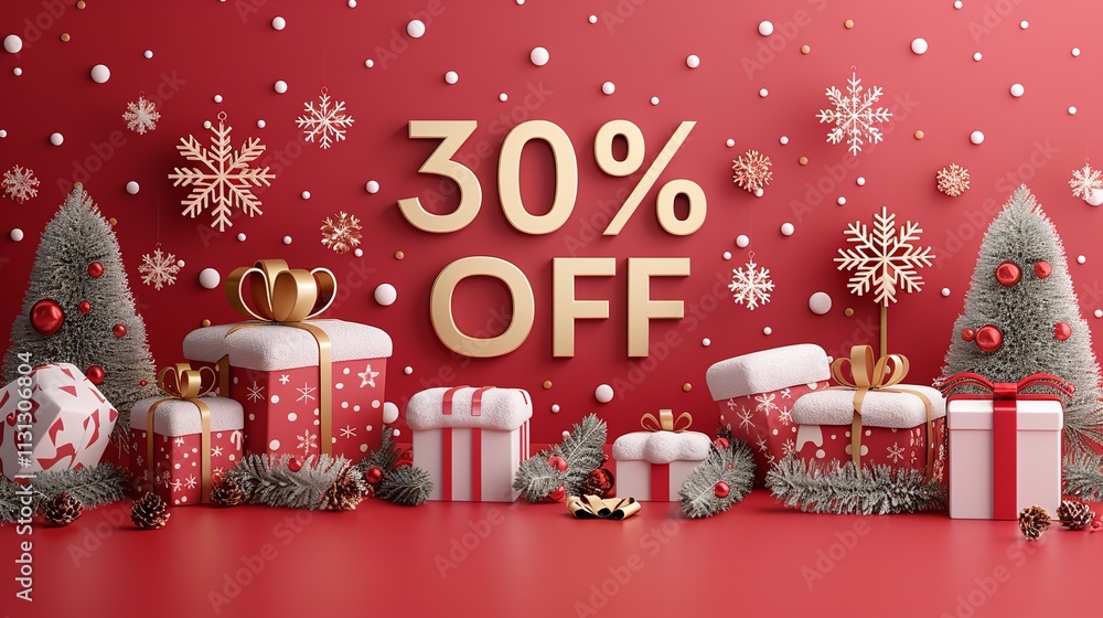Poster festive shopping is occurring in this 3d winter scene consisting of snowflakes and presents over red