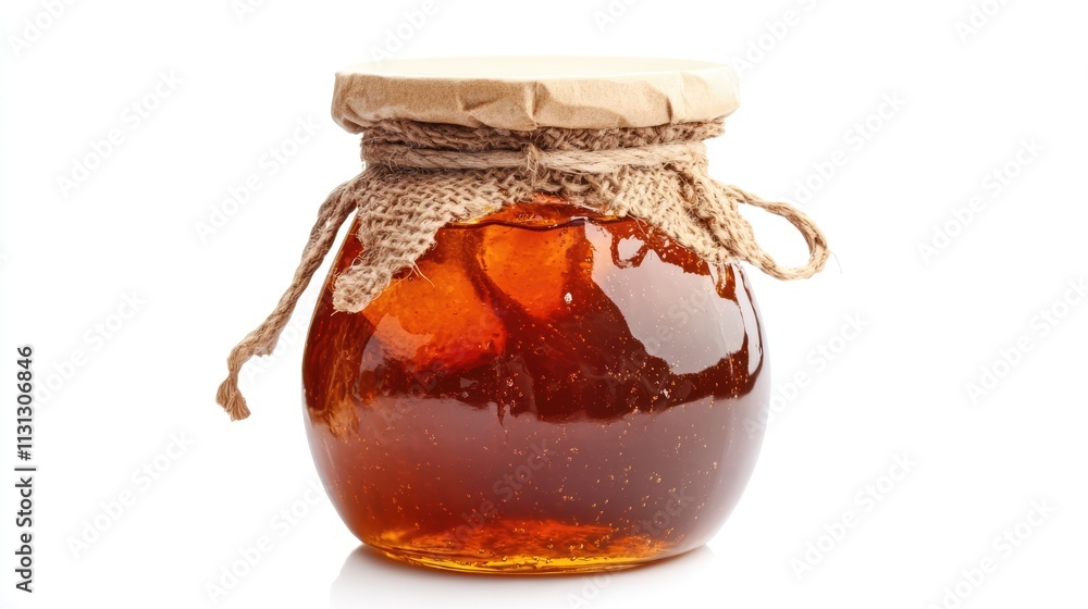 Poster homemade orange jam jar with rustic twine and paper lid isolated on a white background