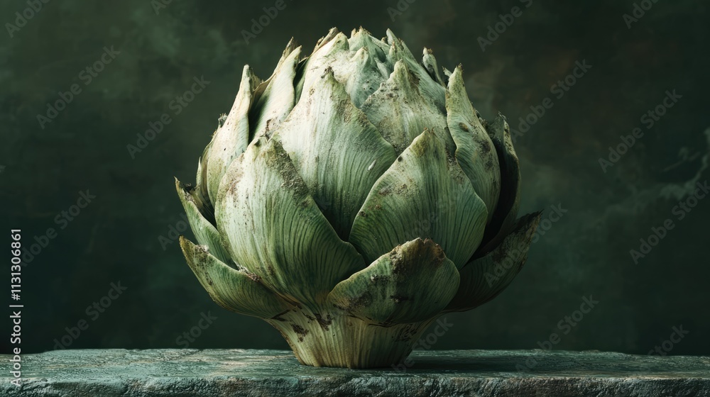 Poster artichoke with textured leaves positioned on a rustic stone surface against a dark moody background 