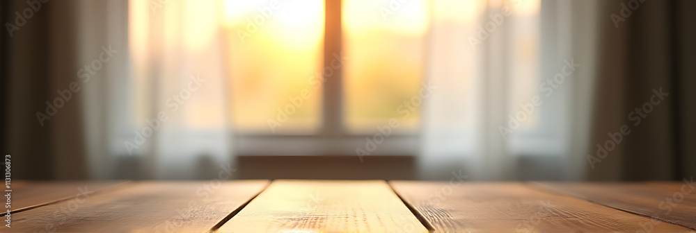 Poster A wood table sits in front of a blurred window with a partial view of a morning background and curtain._00003_