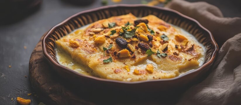 Shahi tukda traditional Indian dessert with fried bread in milk garnished with nuts and saffron in a rustic bowl selective focus