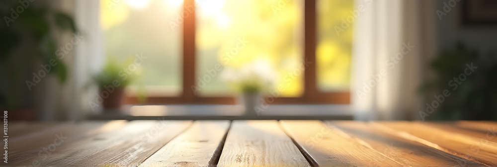 Poster A wood table sits in front of a blurred window with a partial view of a morning background and curtain._00001_