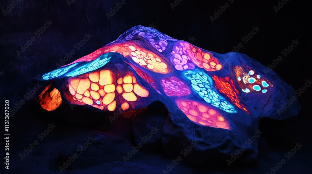 Poster illuminated multicolored flowstones glowing within a dark cave setting showcasing natural beauty and