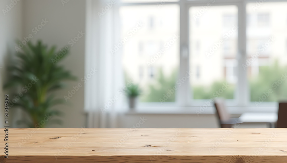 Aufkleber a wood table sits atop a blurred white glass window backdrop in an office setting used for product d