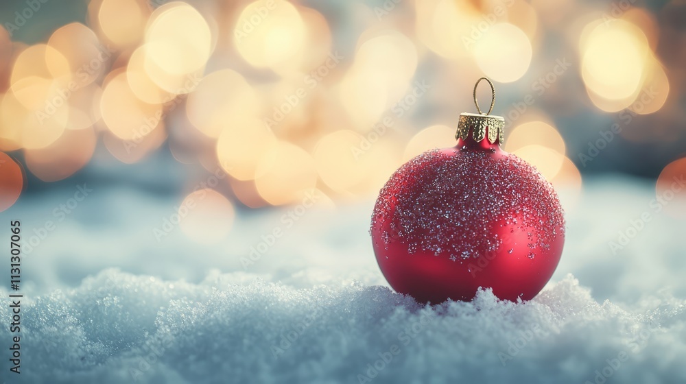 Poster red heart-shaped christmas ornament on snow with a blurred bokeh background creating a serene festiv