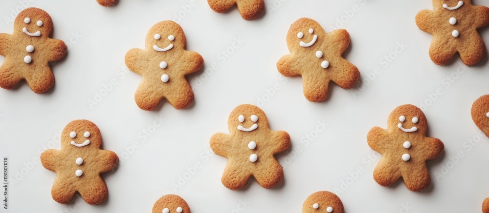 Poster gingerbread cookies arranged on a clean minimalistic backdrop with smiling faces and decorative details on each cookie