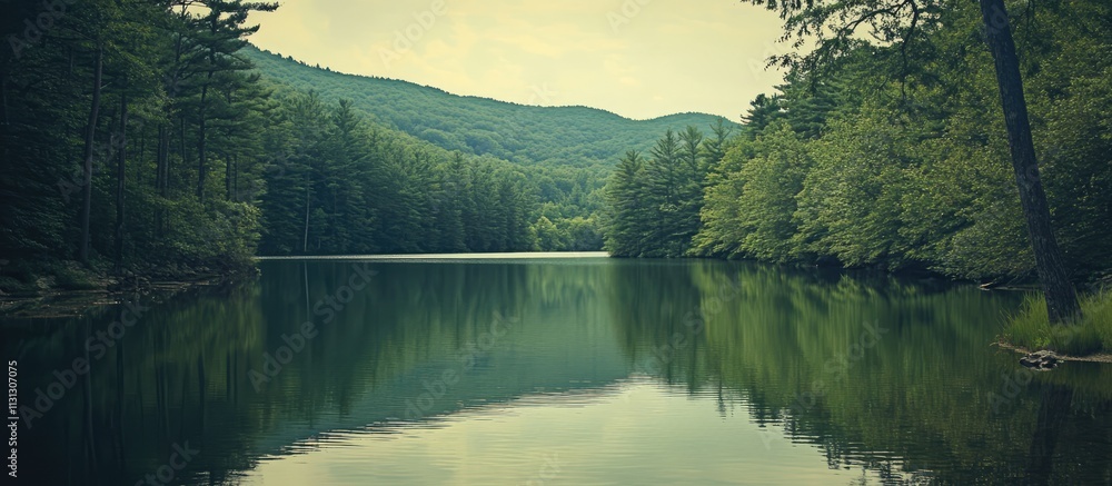 Poster serene mountain lake surrounded by lush green trees reflecting in calm waters under a cloudy sky.