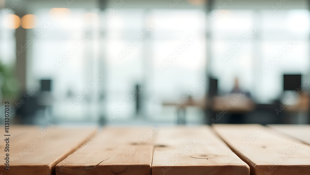 Poster a wood table sits atop a blurred white glass window backdrop in an office setting used for product d