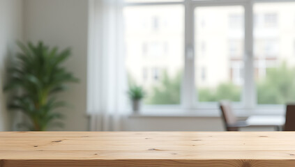 A wood table sits atop a blurred white glass window backdrop in an office setting used for product displays and visual marketing._00003_