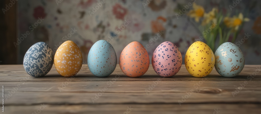 Poster easter themed painted eggs displayed on a wooden table creating a charming background with space for