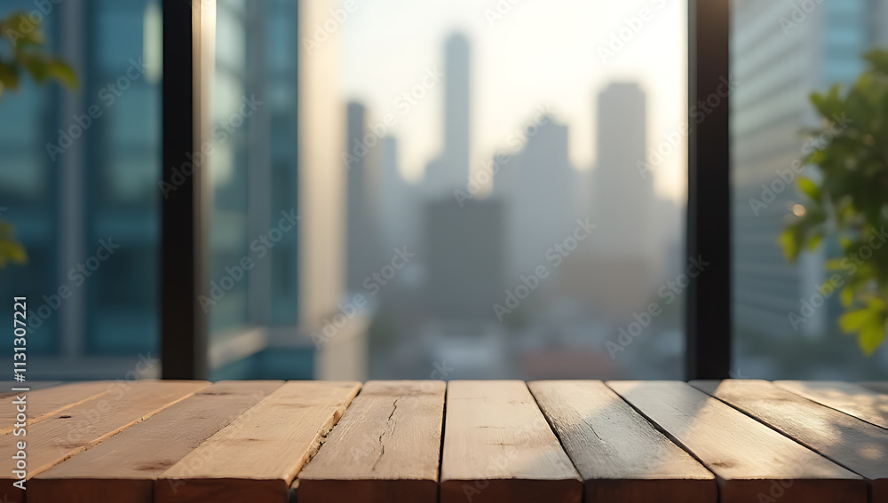 Aufkleber A wood table is placed in front of a blurred glass window with a cityscape in the background for visual storytelling._00003_