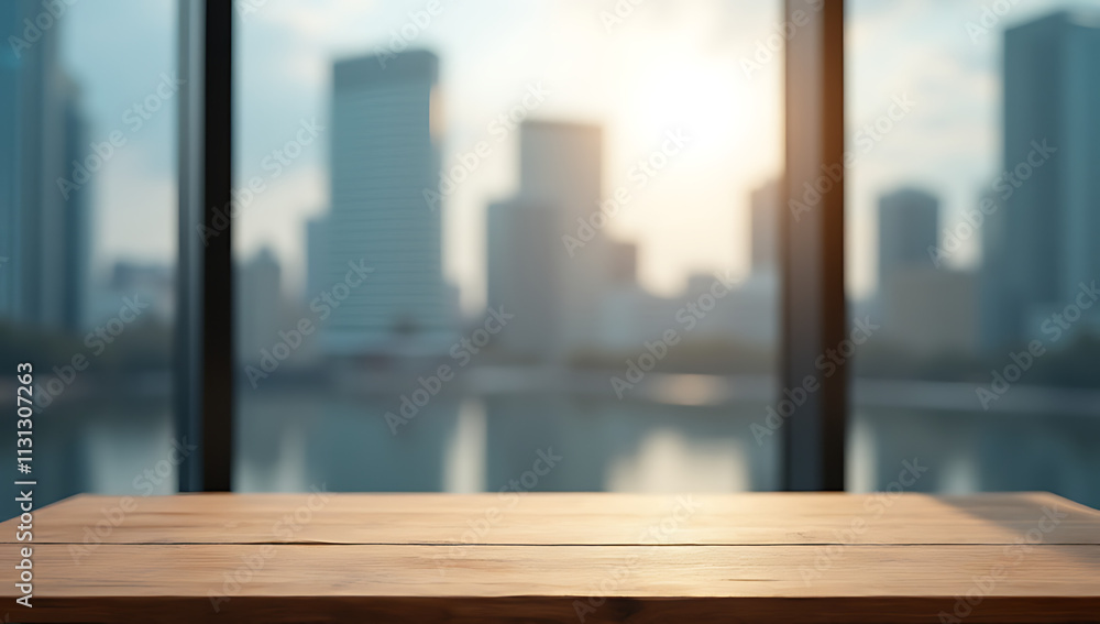 Poster a wood table is placed in front of a blurred glass window with a cityscape in the background for vis