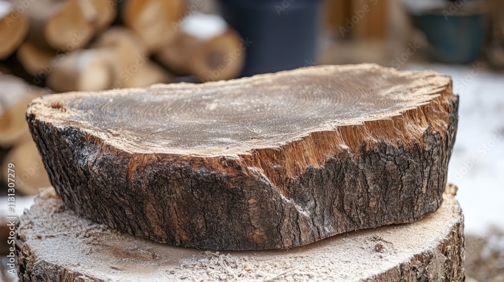 Poster close up of a rough oak stump showcasing saw marks and texture from cut logs in a woodworking enviro