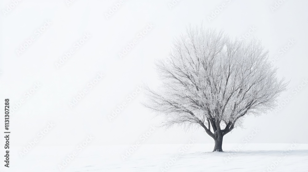 Poster lonely winter tree covered in frost against a white snowy landscape with soft natural lighting and a