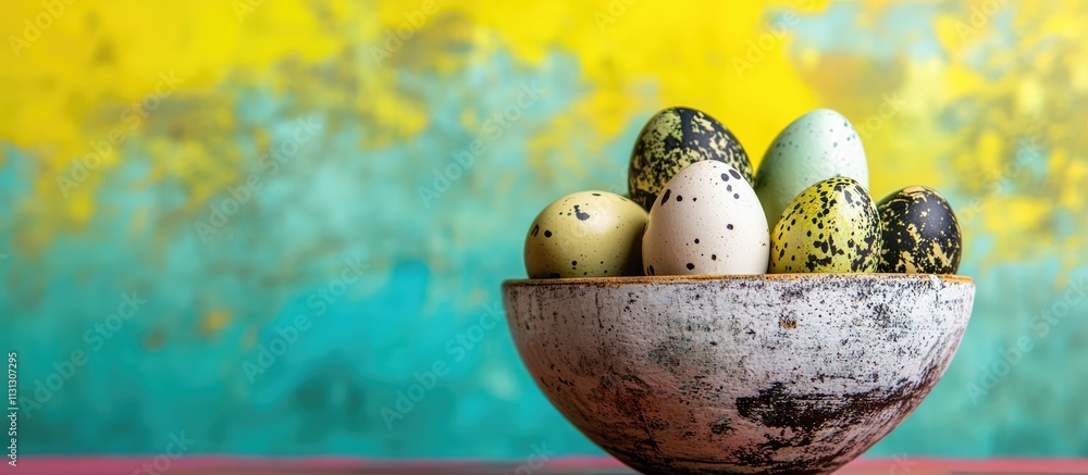 Aufkleber easter quail eggs arranged in a rustic bowl on a colorful textured background for festive spring cel