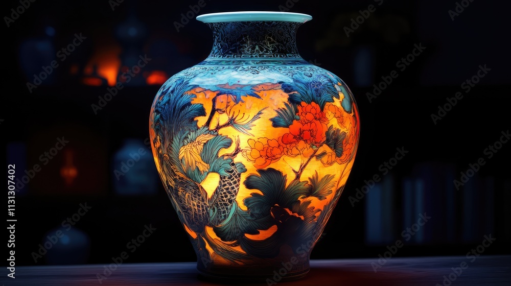 Poster illuminated vintage vase displaying intricate floral and animal patterns with warm light enhancing i