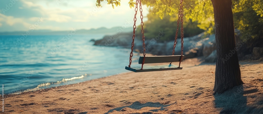 Poster serene empty swing by the shore surrounded by nature creating a tranquil summer backdrop at sunset