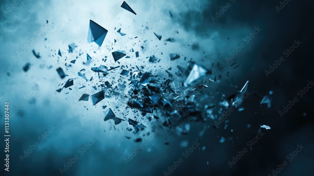 Poster digital currency fragmentation representing devaluation and blockchain risks with shattered geometri