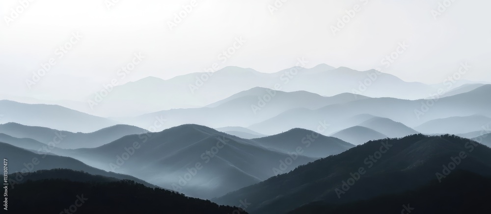 Poster majestic mountain landscape with soft fog and layered hills creating a serene travel and photography