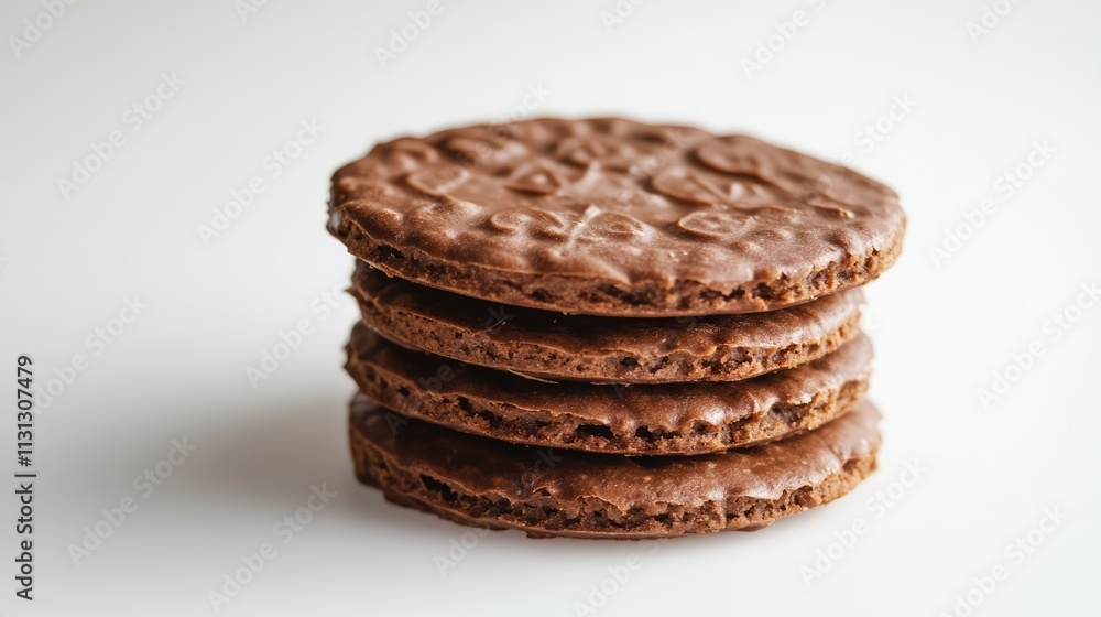 Poster layered chocolate biscuit cookies stacked on a plain white background showcasing texture and detail 