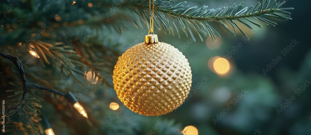 Poster Golden Christmas ornament hanging on a pine tree branch with warm lights in the background creating a festive holiday atmosphere