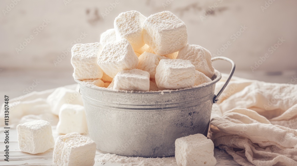 Poster chewy marshmallows stacked in a bucket with a soft background showcasing pastel colors and a tasty d