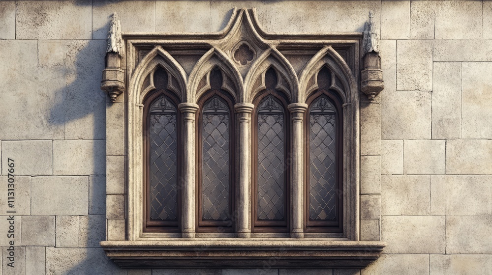 Poster facade of an ancient medieval building featuring intricate window design with closed shutters and we