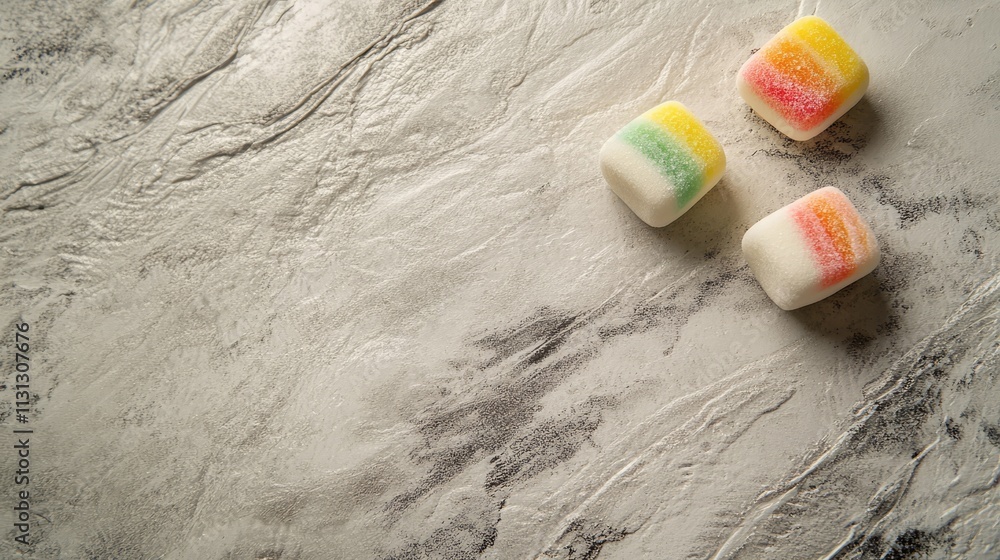 Poster Marshmallows on textured surface representing winter snacks and party treats with space for text and coffee cocoa spice concept