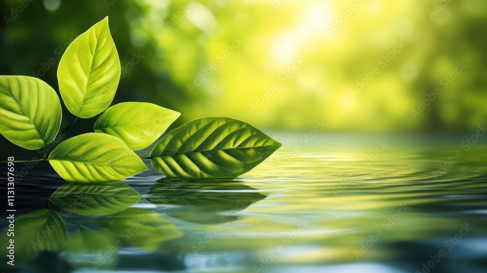 Aufkleber serene water surface with vibrant green leaves floating creating a tranquil nature background for re