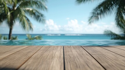 Fototapeta premium Wooden deck by pool with palm trees