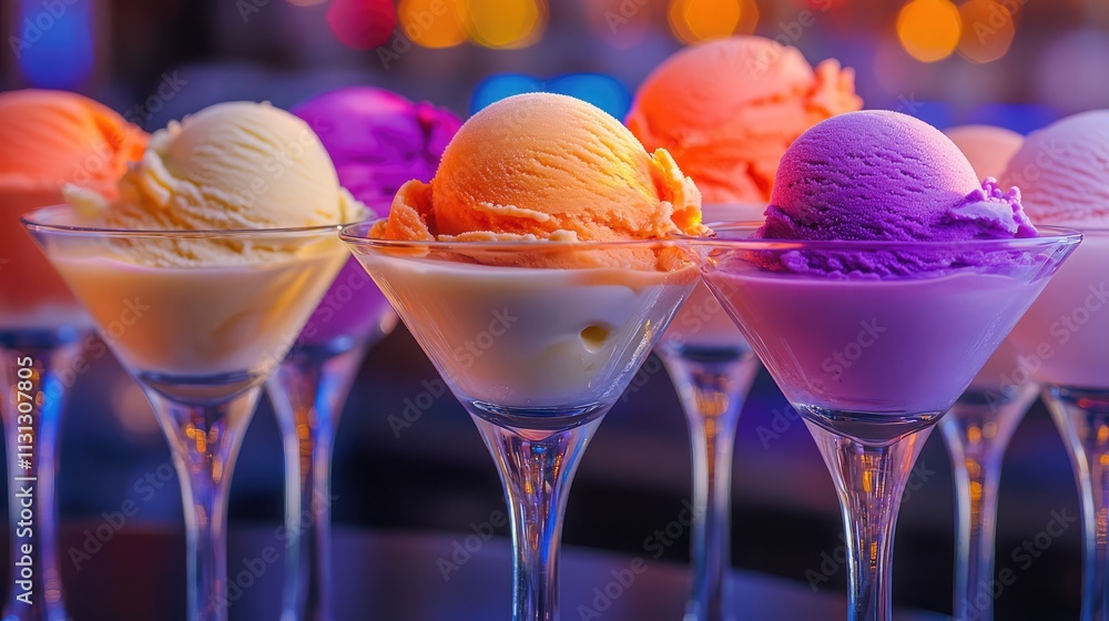 Poster elegant martini glasses filled with colorful ice cream scoops arranged on a beautifully lit table sh