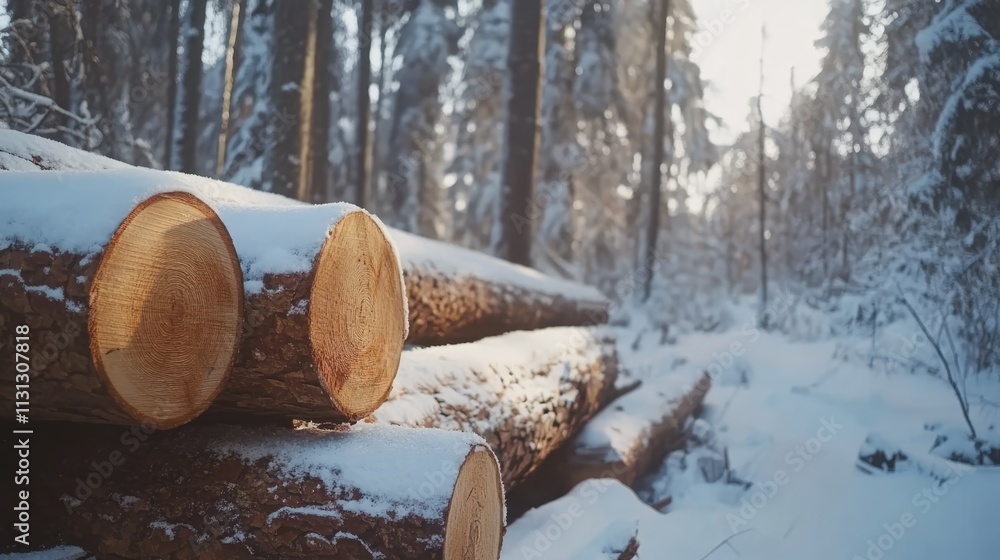 Aufkleber illegal logging winter scene with snow-covered pine logs stacked in a serene forest landscape showca