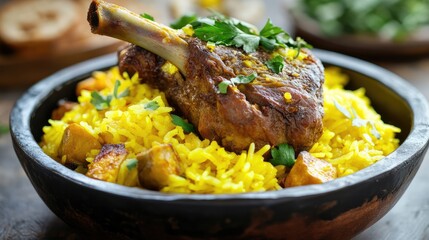 Savory marrowbone served over vibrant saffron rice garnished with fresh herbs and vegetables in a rustic bowl.