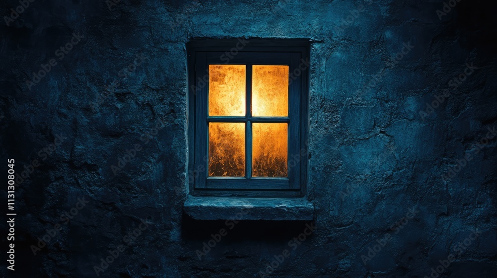 Poster illuminated window on weathered stone wall casting warm glow in dark atmosphere with space for perso