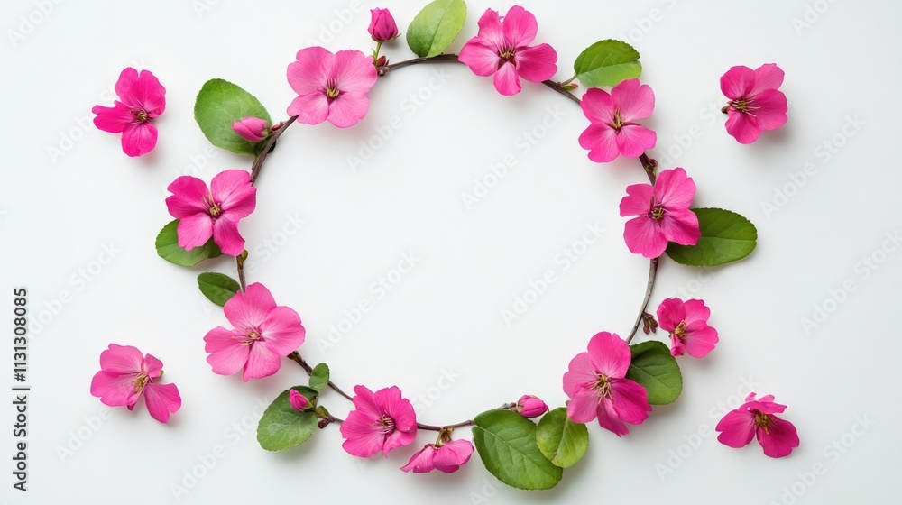Poster floral wreath of pink sakura flowers and green leaves on a white background creating a vibrant and s